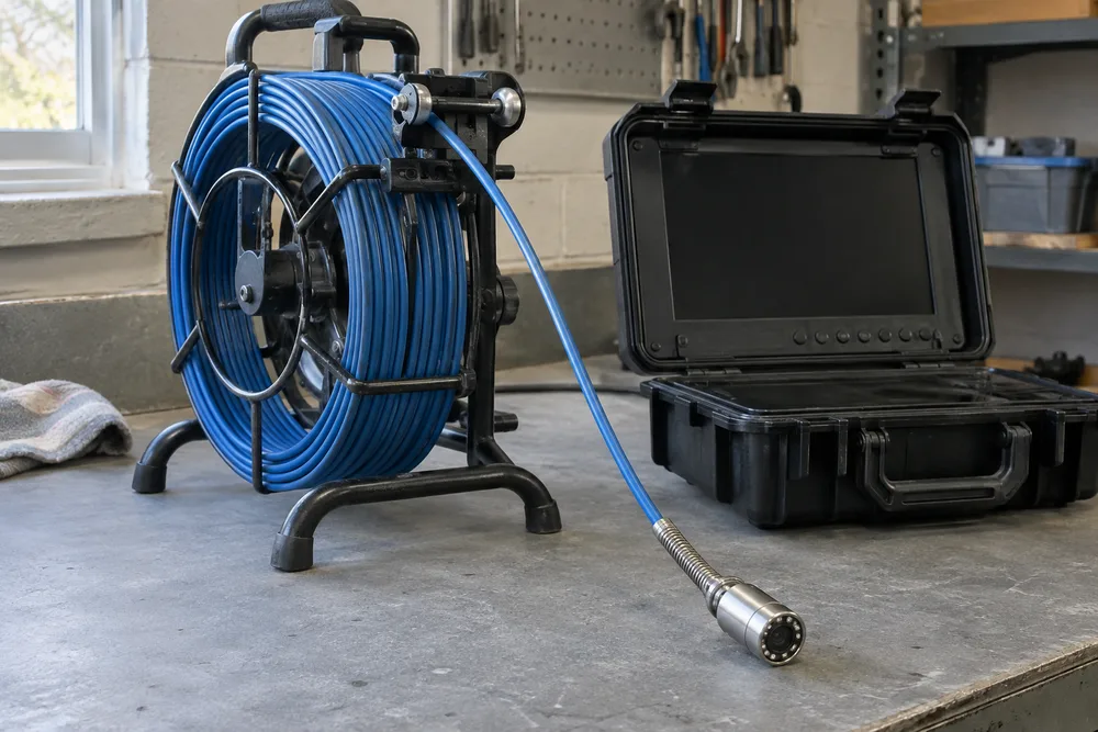 Sewer camera equipment prepared for inspecting the pipe interior